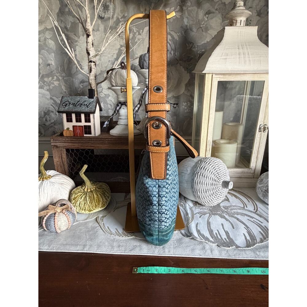 Vintage Y2K 2007 Coach Teal Signature Canvas Suede Hobo Shoulder Bag - Picture 2 of 7